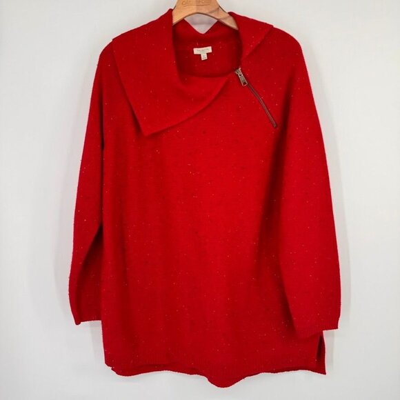 Talbots Plus Red speckled Sweater Womens size1X Cotton Blend zip collar - Picture 2 of 12